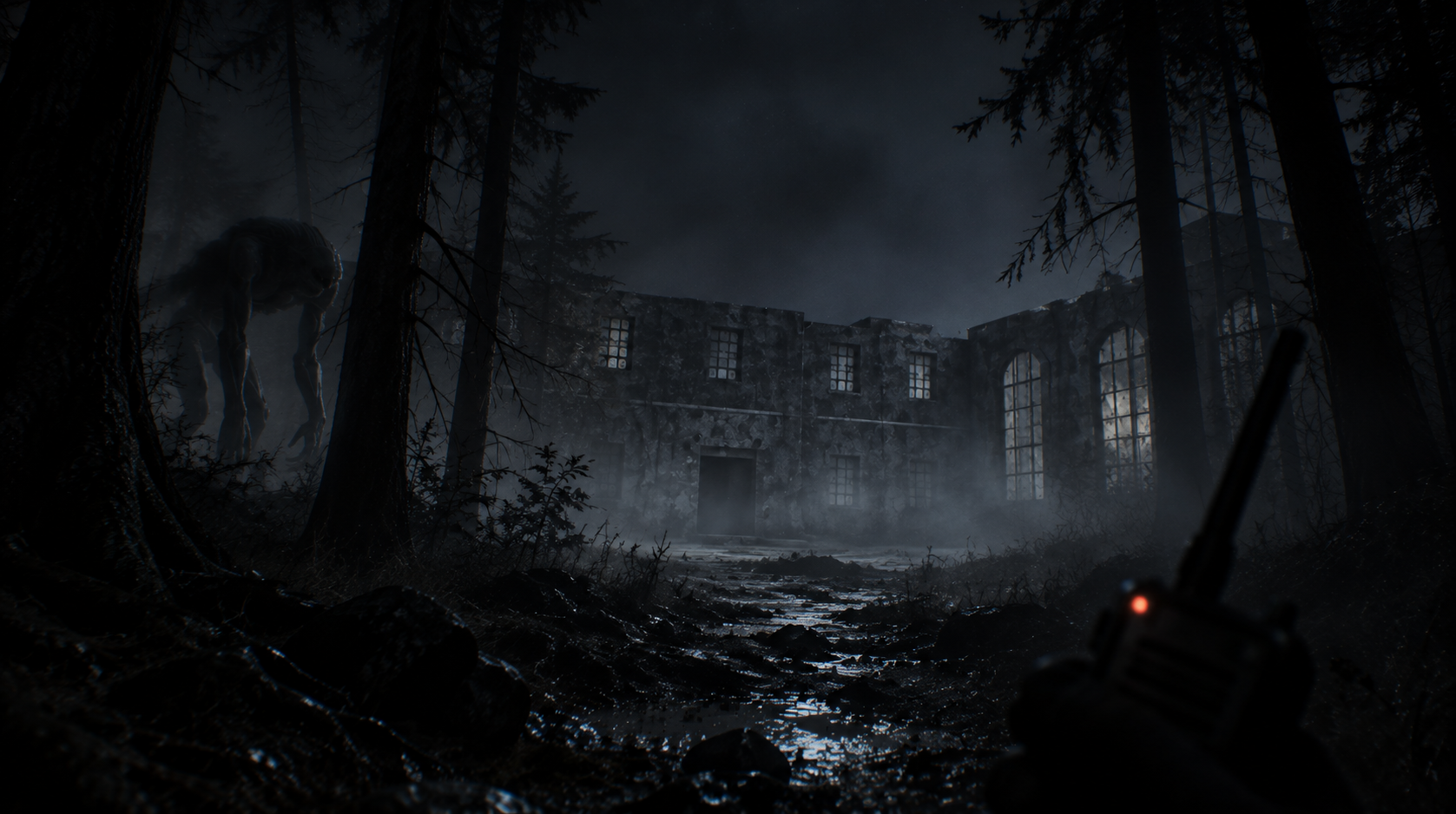Screenshot van de walking simulator horror game in Unity